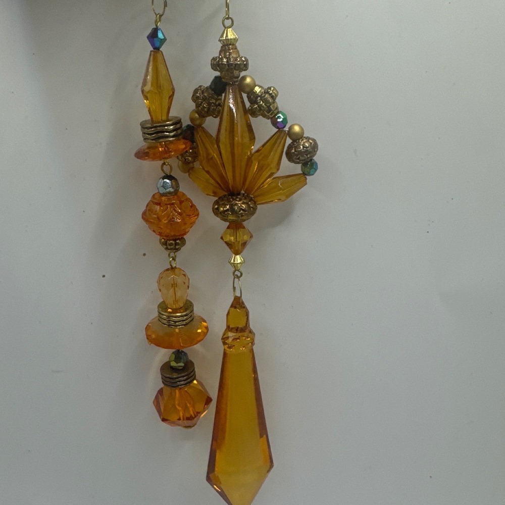 Amber Acrylic‎ Suncatcher Ornaments Beaded Prism Window Decor Set of 2 Gold Tone